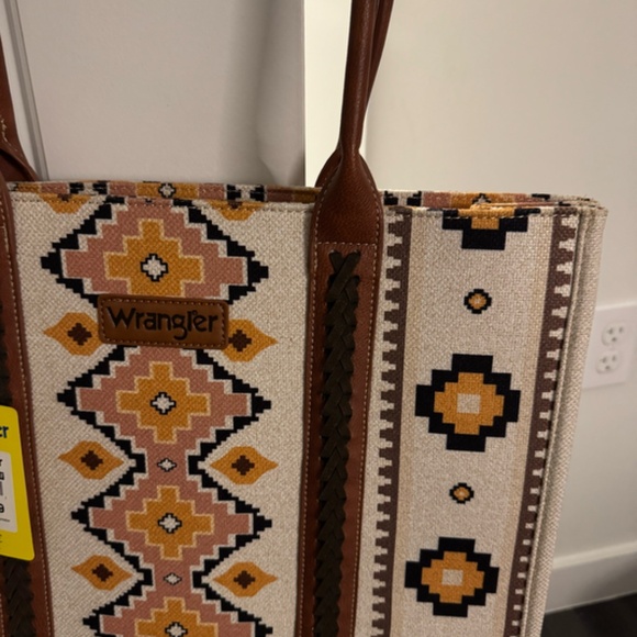 Wrangler Geometric Tote Bag – Brown & Cream, Leather Handles, Boho Crossbody - Picture 2 of 5